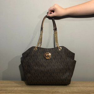 Michael Kors Jet Set Travel Brown Top Zip MK Signature Chain Tote Shoulder Bag